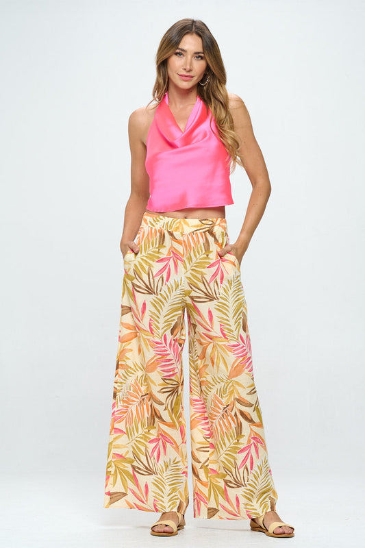 Tropical Print Wide Leg Pants with Pockets